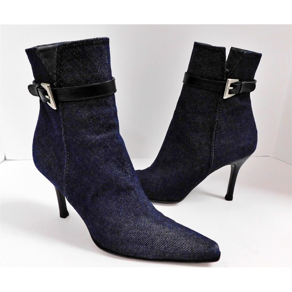 Stuart Weitzman Blue Denim Black‎ Leather Ankle Boots 7 B